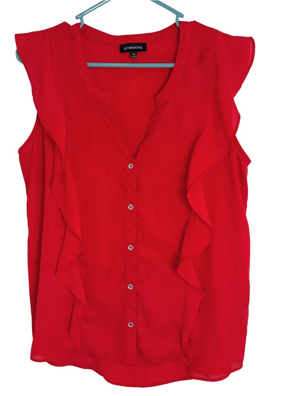 3/$20 Romimona Red Ruffle-Trim Sleeveless Button Down Blouse